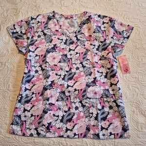 Made 2 Love size Small Breast Cancer Ribbon & floral scrub top uniform NWT